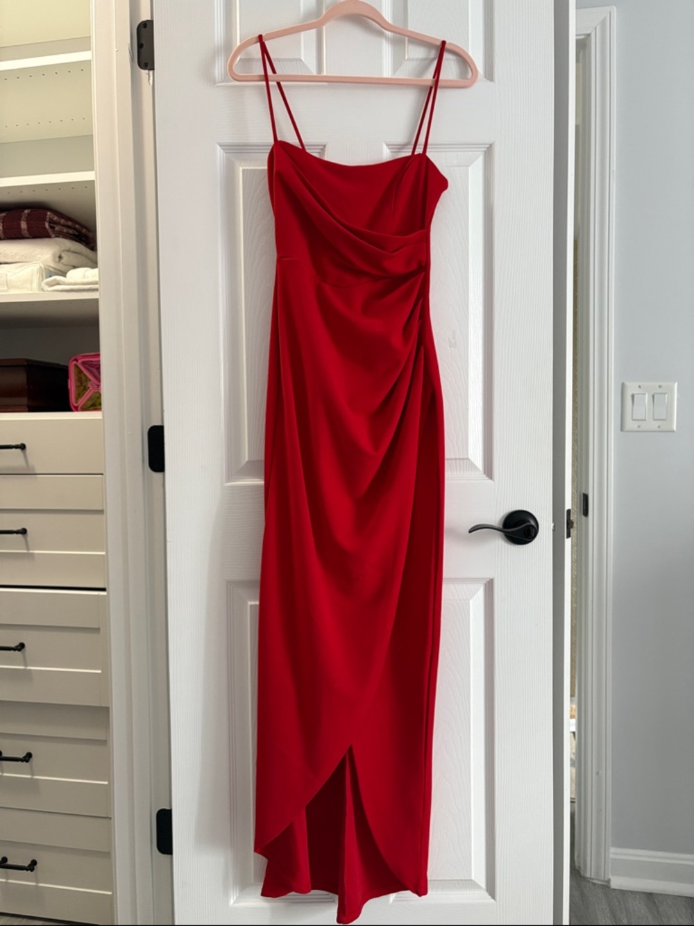 Red Spaghetti-Strap Draped Evening Dress